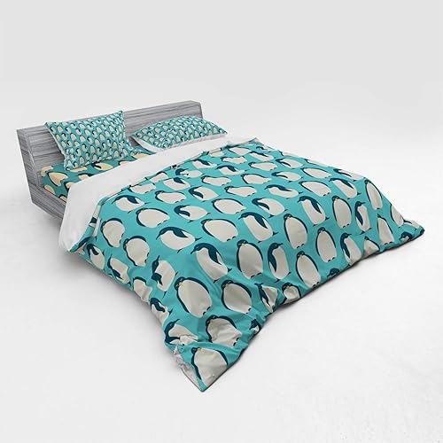 Miniatura 2 de Ambesonne Penguin Bedding Set, Arctic Birds Animal Characters Pattern on Teal Background South Pole Fauna, 4 Piece Duvet Cover Set with Shams and