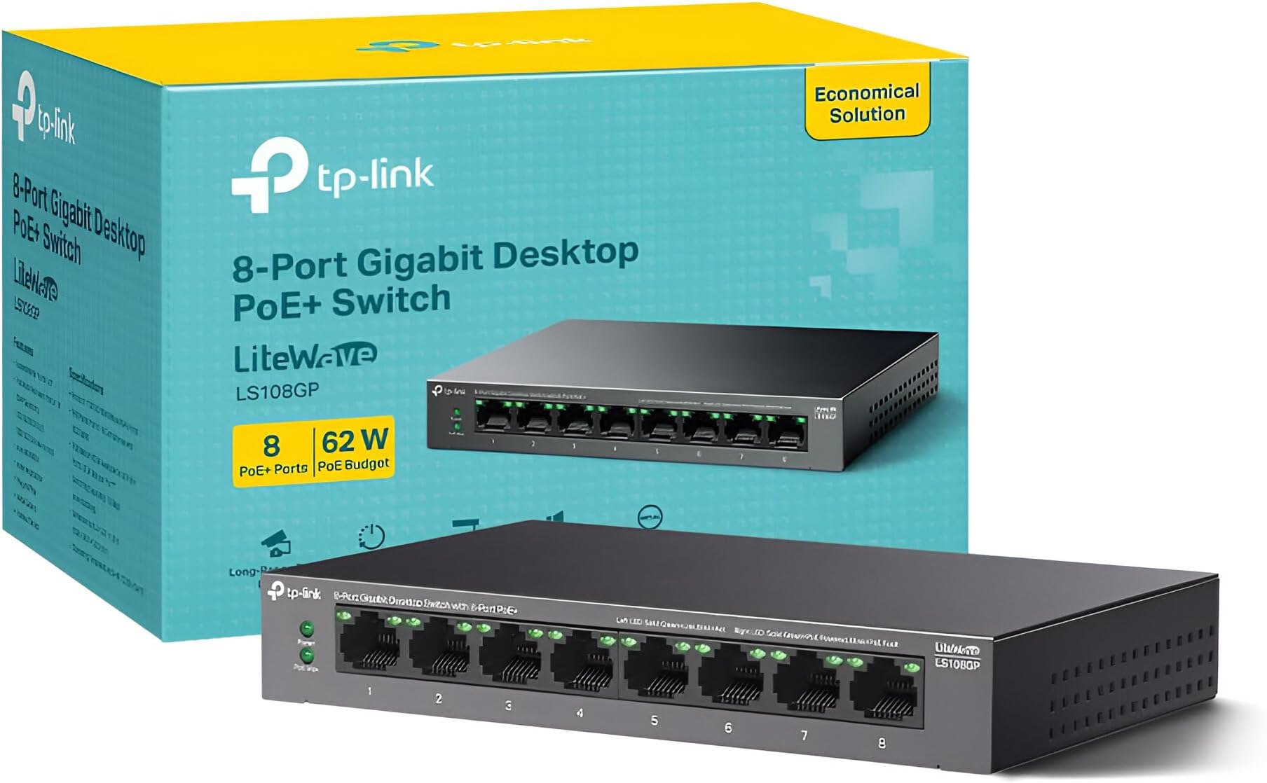TP-Link PoE Switch 8 Port Gigabit Ethernet Switch with 8 x PoE+ Port @ 62W - Network Switch, Ethernet Splitter, Desktop/Wall Mount (LS108GP)