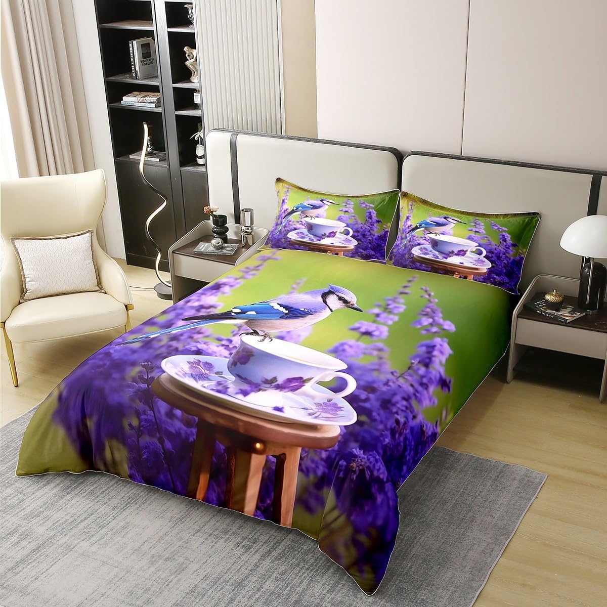 Erosebridal Cute Bird Comforter Cover Queen, Cup Tea Garden 100% Organic Cotton Duvet Cover, Purple Petals Flowers Bedspread Cover, Lavender Fresh Natural Quilt Cover for Woman Adult