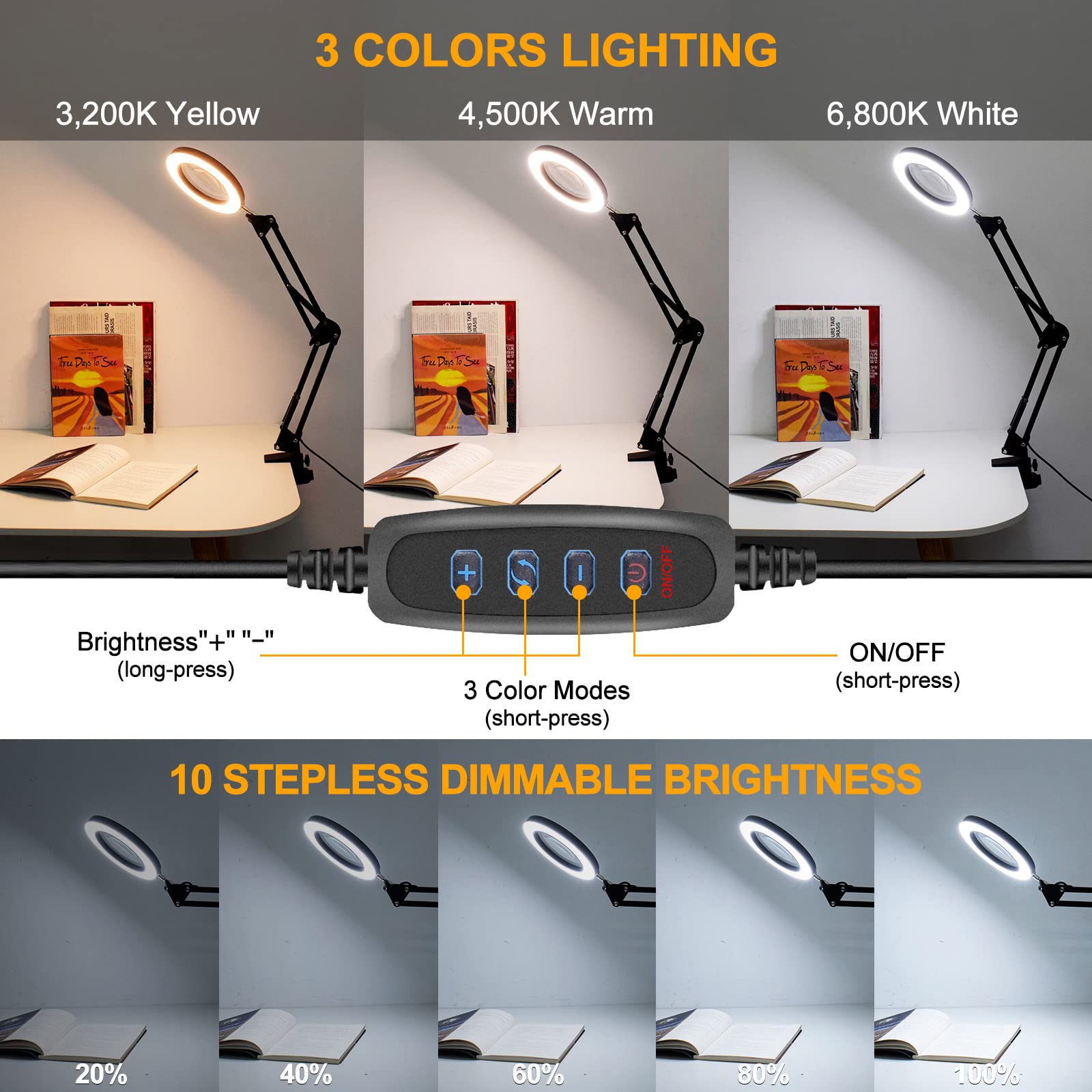 Szkło Powiększające 8X, Lampa Biurkowa Z Lupą 1200 Lumenów Z Obiektywem O Średnicy 4,1 Cala, 10 Bezstopniowych Ściemniaczy I 3 Tryby Regulacji Światła Roboczego, Do Bliskiej Naprawy Hobby