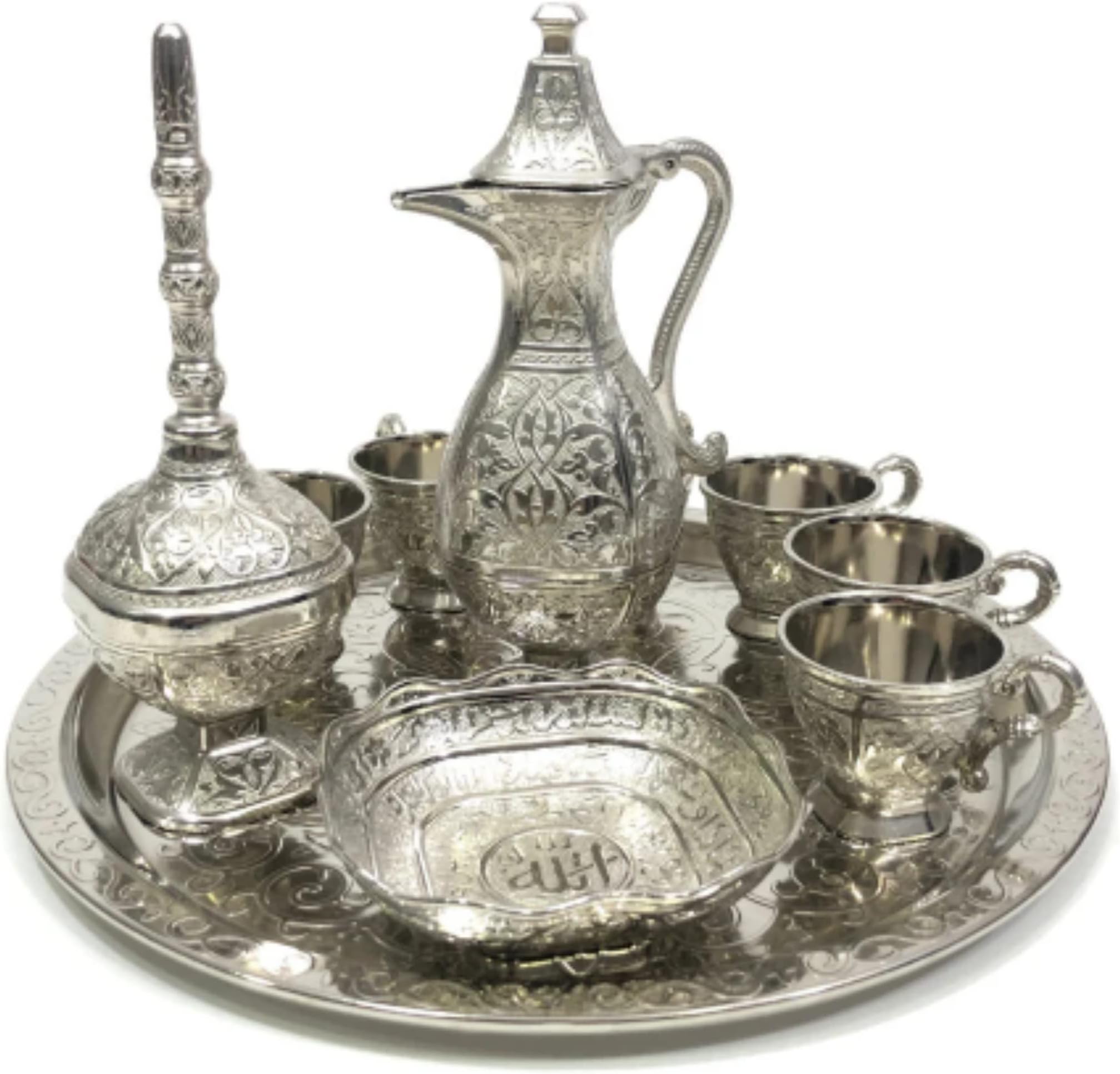 Vintage Metal Turkish Coffee Tea Zamzam Water Pot Drinking Set | Serving Tray, Pot, 6 Cups, Bowl Sets | Mid Century Coffee Teapot Set, Turkish Islamic Decoration (Silver)