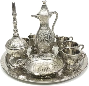 Vintage Metal Turkish Coffee Tea Zamzam Water Pot Drinking Set | Serving Tray, Pot, 6 Cups, Bowl Sets | Mid Century Coffee Teapot Set, Turkish Islamic Decoration Silver