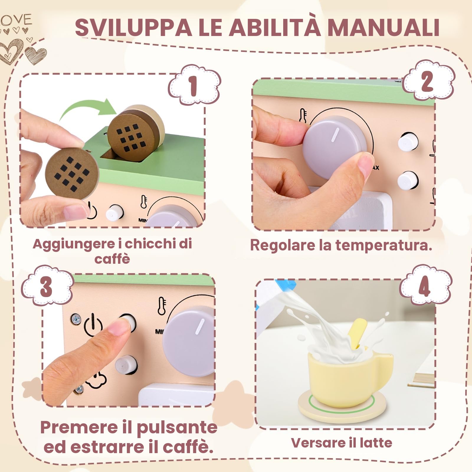 Macchina Caffè Giocattolo Teoryieer, Macchina da Caffè in Legno per Bambini , Set Cibo Finto Giocattolo per Cucina Bambini, Regali per Compleanni,Halloween,Natale per bambini dai 3/4/5 anni in su