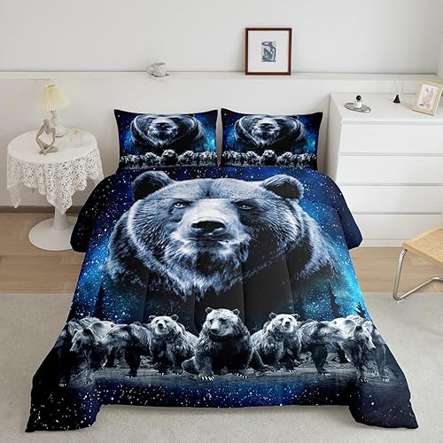 Miniatura 1 de Feelyou Juego de edredón de oso azul, juego de ropa de cama de osos de animales, juego de edredón acolchado con estampado de arboleda de galaxia,
