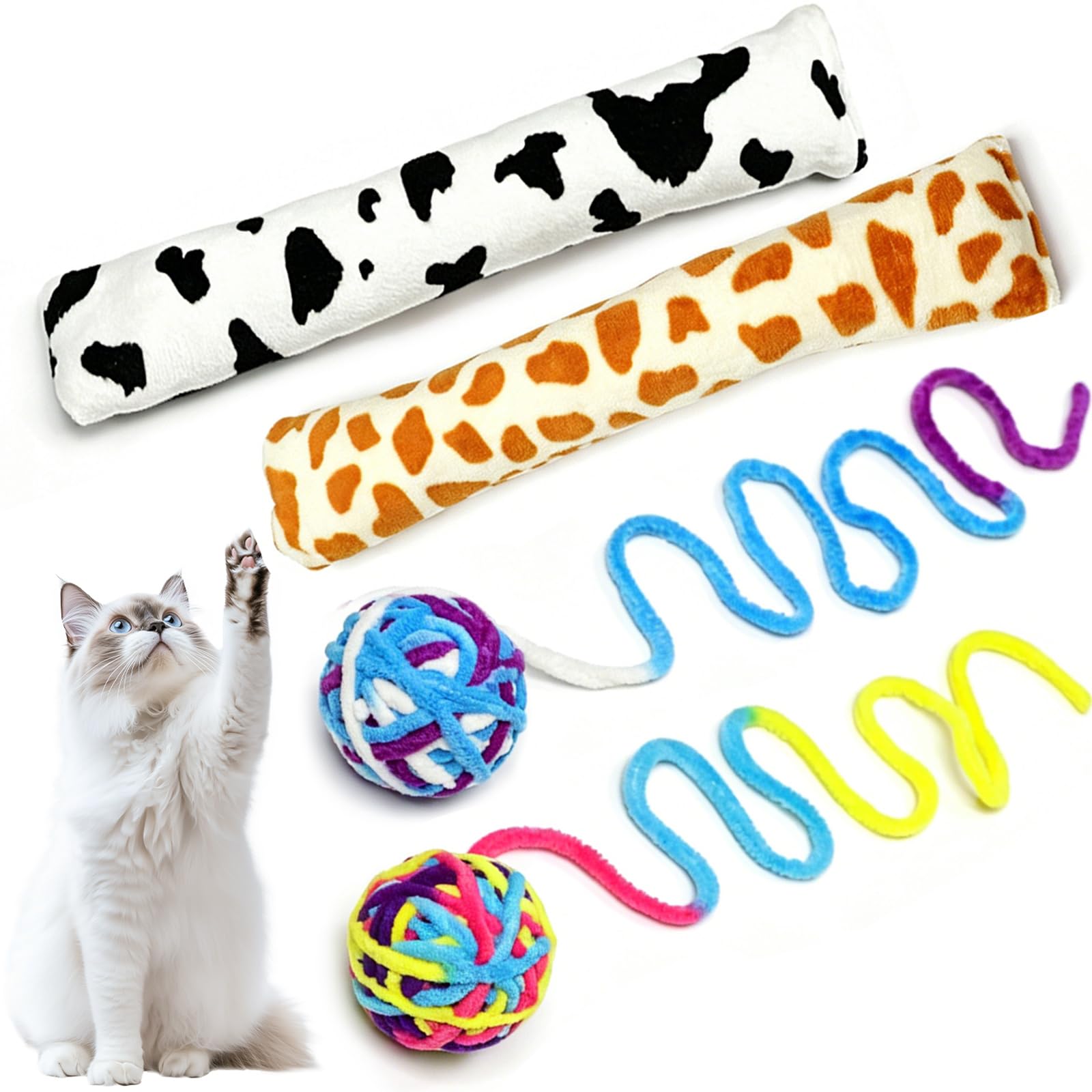 Bestwist Cat Toys for Indoor Cats Adult Set, 2 PCs Fun Pillow Toy with Crinkle Paper&Catnip + 2 PCs Belling Yarn Cat Balls, Interactive Soft Plush Toy for Boredom Exercise(4-Pack Pillows and Balls)