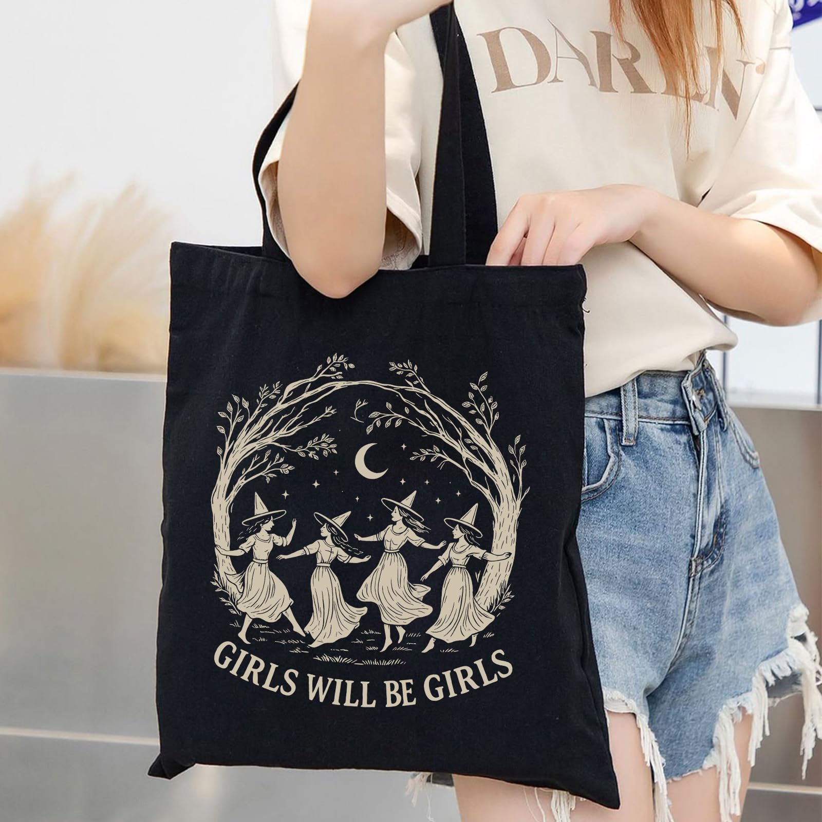 Girls Will Be Girls Witchy Canvas Tote Bag– Aesthetic Witchy Gifts for Women, Cute Spooky Reusable Travel Tote, Witch Inspired Canvas Gift, Black
