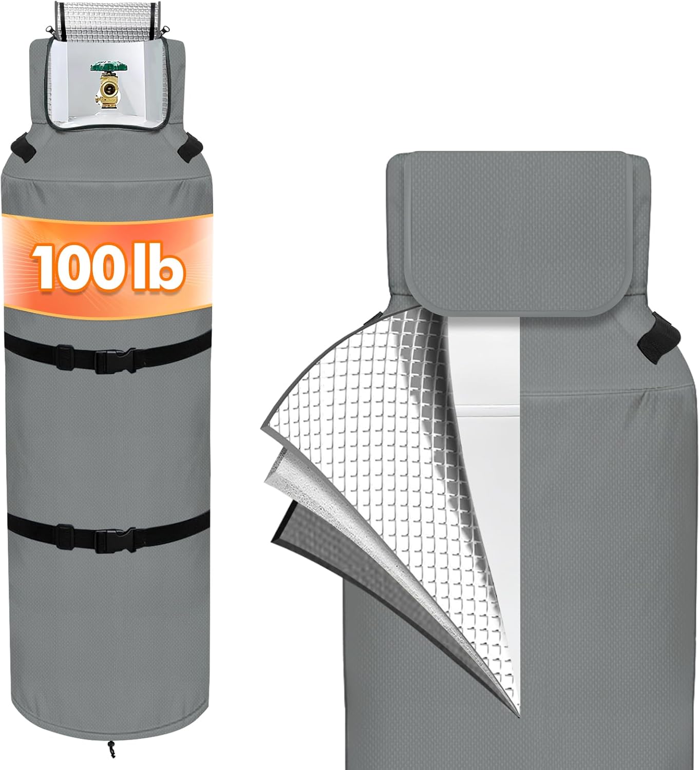 100 lb Propane Tank Cover, 600D Heavy-Duty 3 Layer Insulated Propane Tank Cover, Frost-Proof and UV-Resistant, with Top Opening Design and Waterproof Zipper, Gray