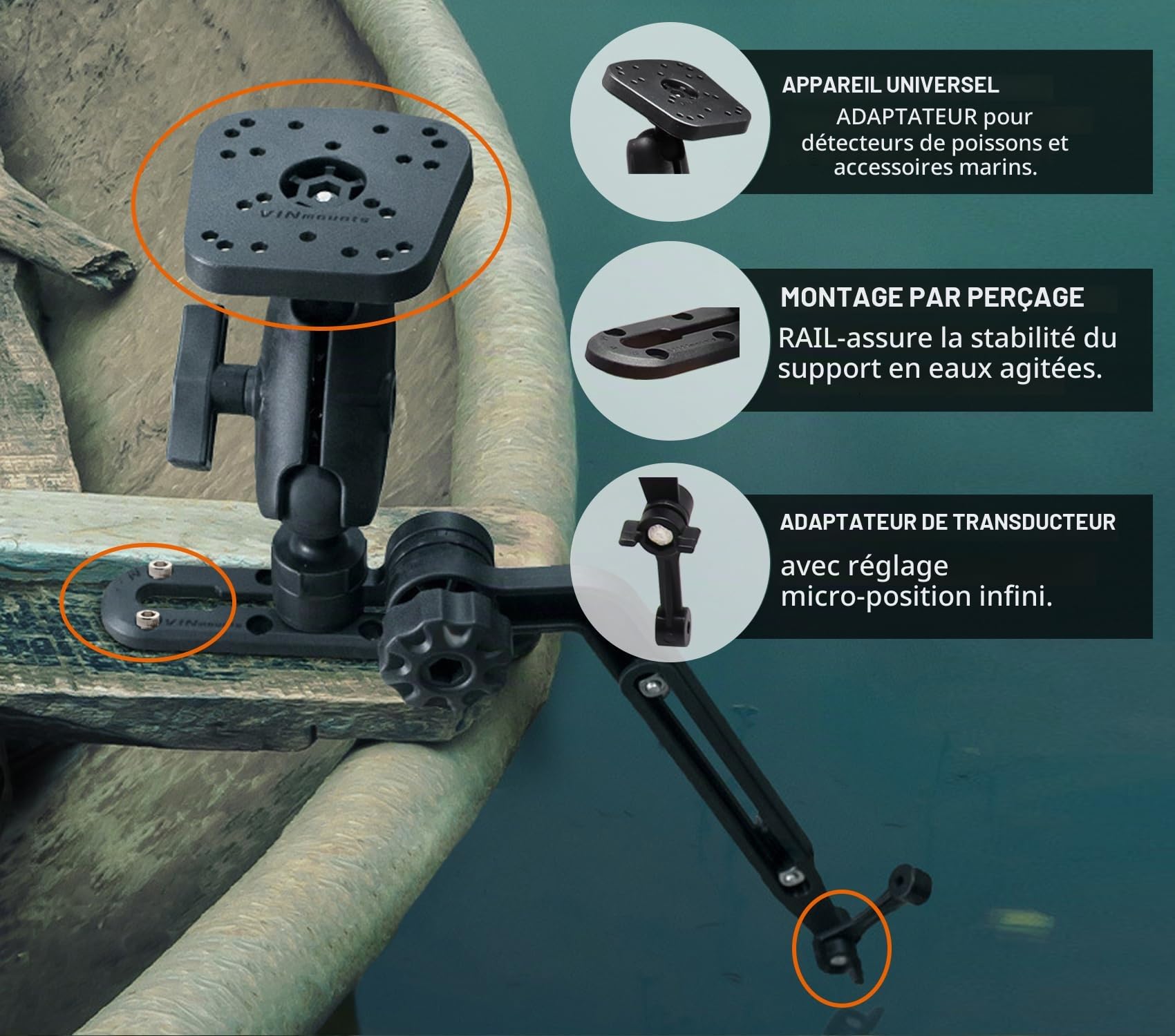 Support de sondeur de poisson avec bras de sondeur et support de montage réglable compatible avec Garmin, Lowrance, Humminbird