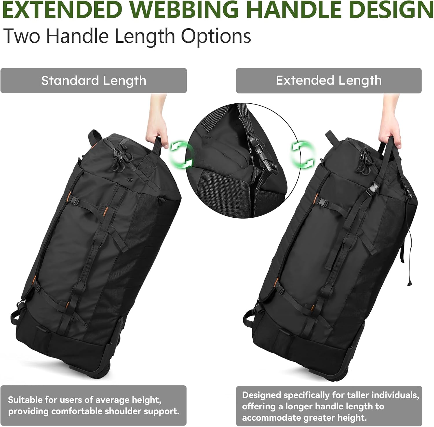 Vomgomfom 86L Foldable Duffle Bag with Wheels - Waterproof Rolling Travel Bag, Collapsible Luggage No Telescopic Handle, for Men Women Camping Sports Weekend Trips,Black - Image 4