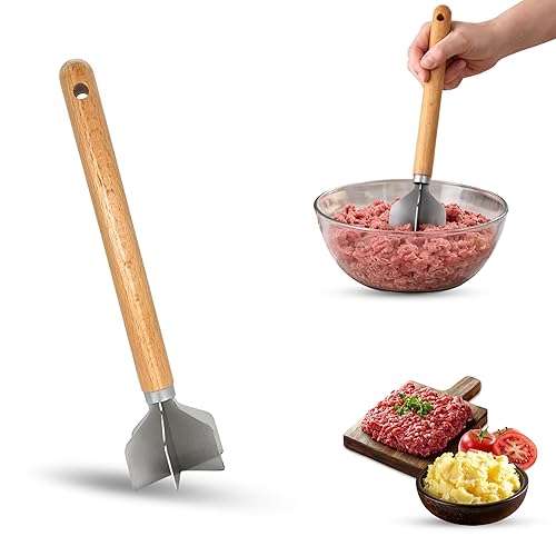 11" Stainless Steel Meat Chopper with Wooden Handle, Heavy Duty