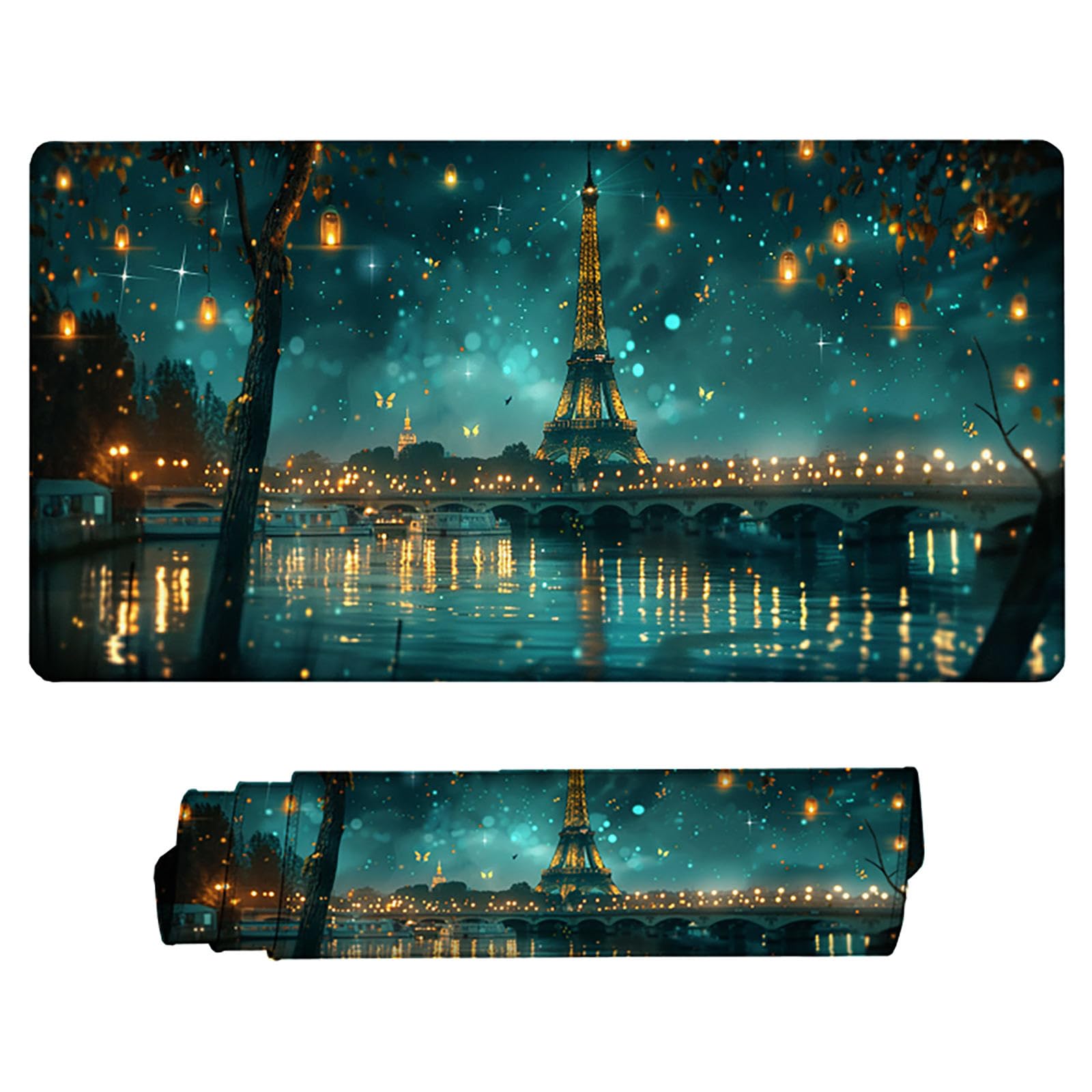 Niebieska podkładka pod mysz XXL, podkładka na biurko, 1200 x 600 cm, szyte krawędzie, podkładka pod mysz, gumowa podstawa, wieża Eiffla, podkładka pod mysz, stabilna przyczepność na gładkich