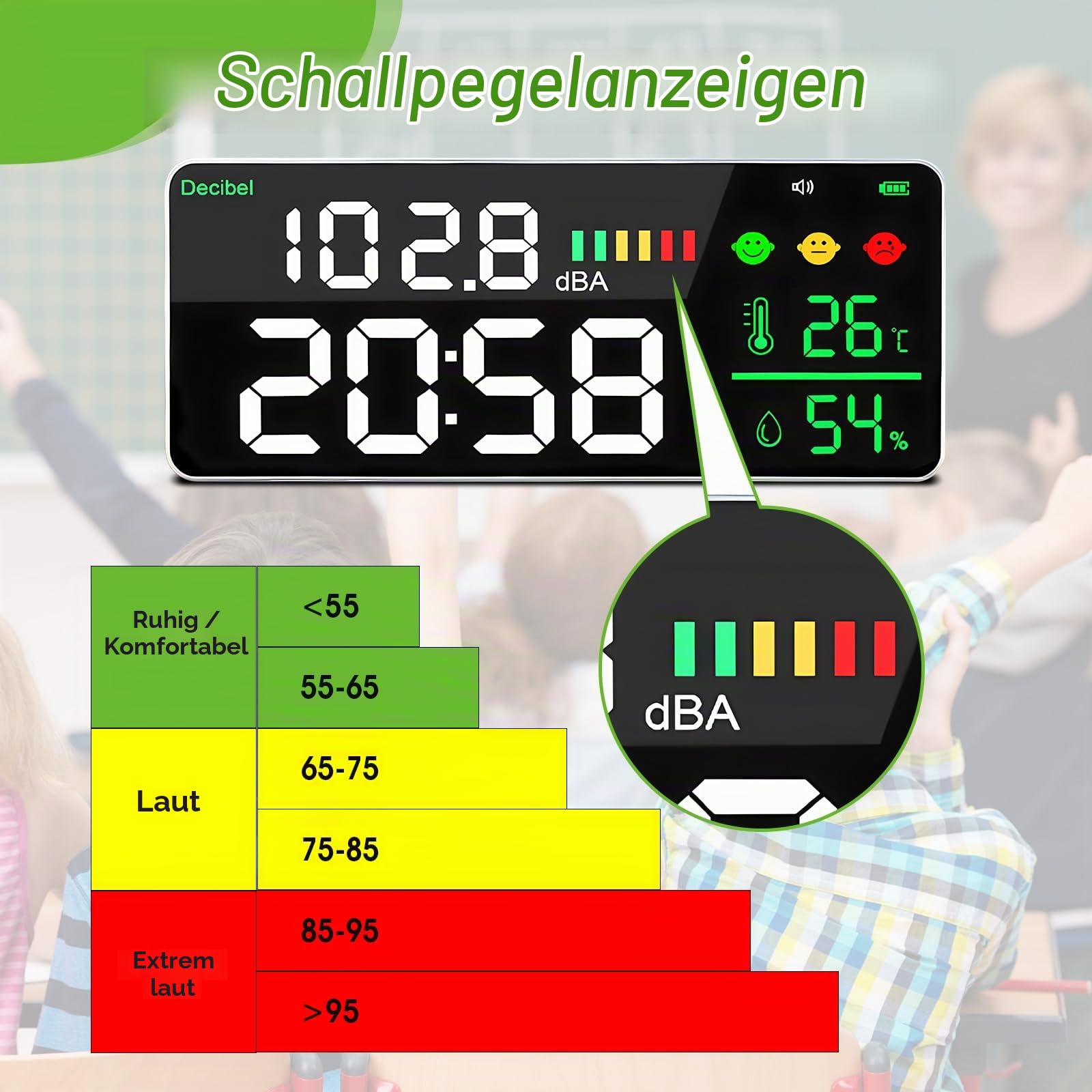 Dezibel Messgerät, 4-in-1 für Geräusch, Zeit, Temperatur und Feuchtigkeit