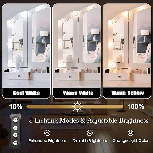 Miniatura 4 de Vanity Desk with Mirror and Lights Makeup Vanity with Lights and Tri-Folding Vanity Table with Light,White Vanity Makeup Desk with Drawers and Chair