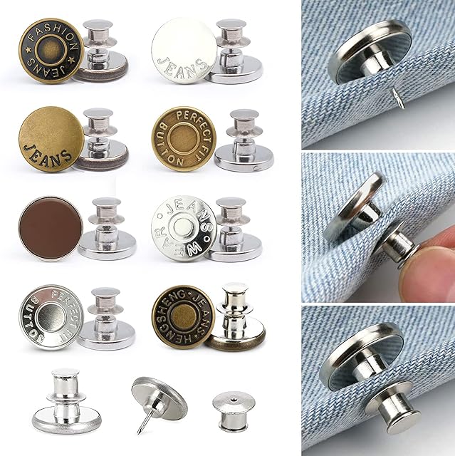 Replacement Button Pins for Jeans, 8pcs Perfect Fit Jean Buttons Pin No Sew, Detachable Removable and Adjustable Metal Instant Buttons for Jacket Trouser Pants Adds or Reduces Waist (17mm, 8 Styles)