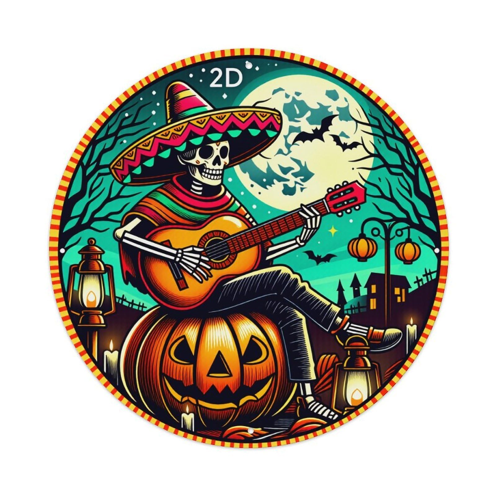 Skull Guitarist Pumpkin Moon Night Round Tin Sign Vintage Metal Poster Retro Bar, Home, Man Cave, Kitchen, Laundry Room Wall Art Decor Gift 8x8Inch