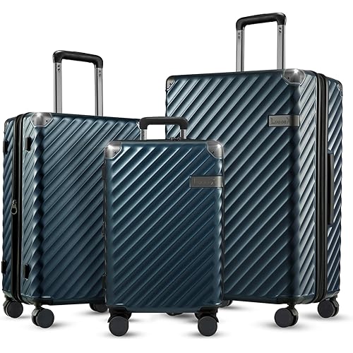 LUGGEX Luggage with Spinner Wheels, Polycarbonate Expandable Hard Shell Suitcase, 3 Piece Set, Navy