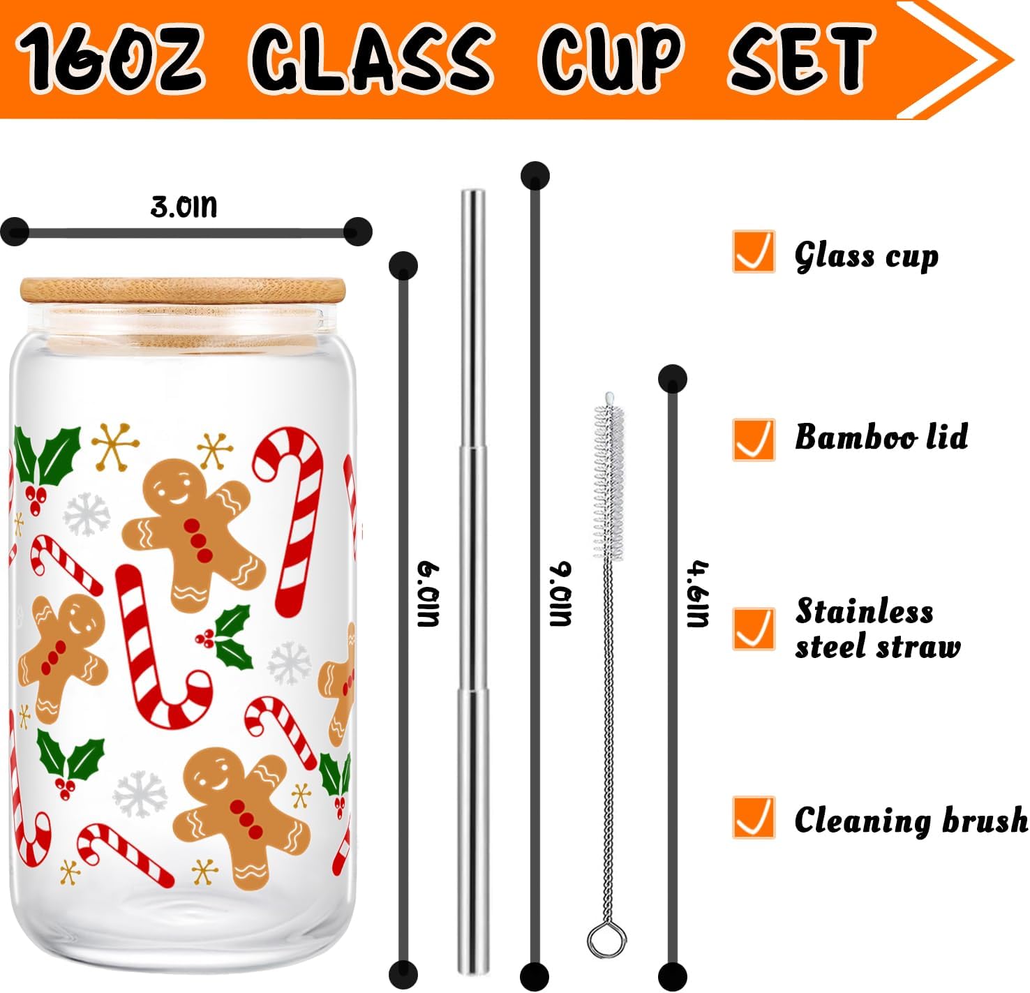 Christmas Cups, Gingerbread Iced Coffee Cup,Gingerbread Decorations, 16 oz Glass Cup with Lids and Straws, Xmas Mug Tumbler, Xmas Gifts - Christmas Gifts for Women Mom Her - Image 2