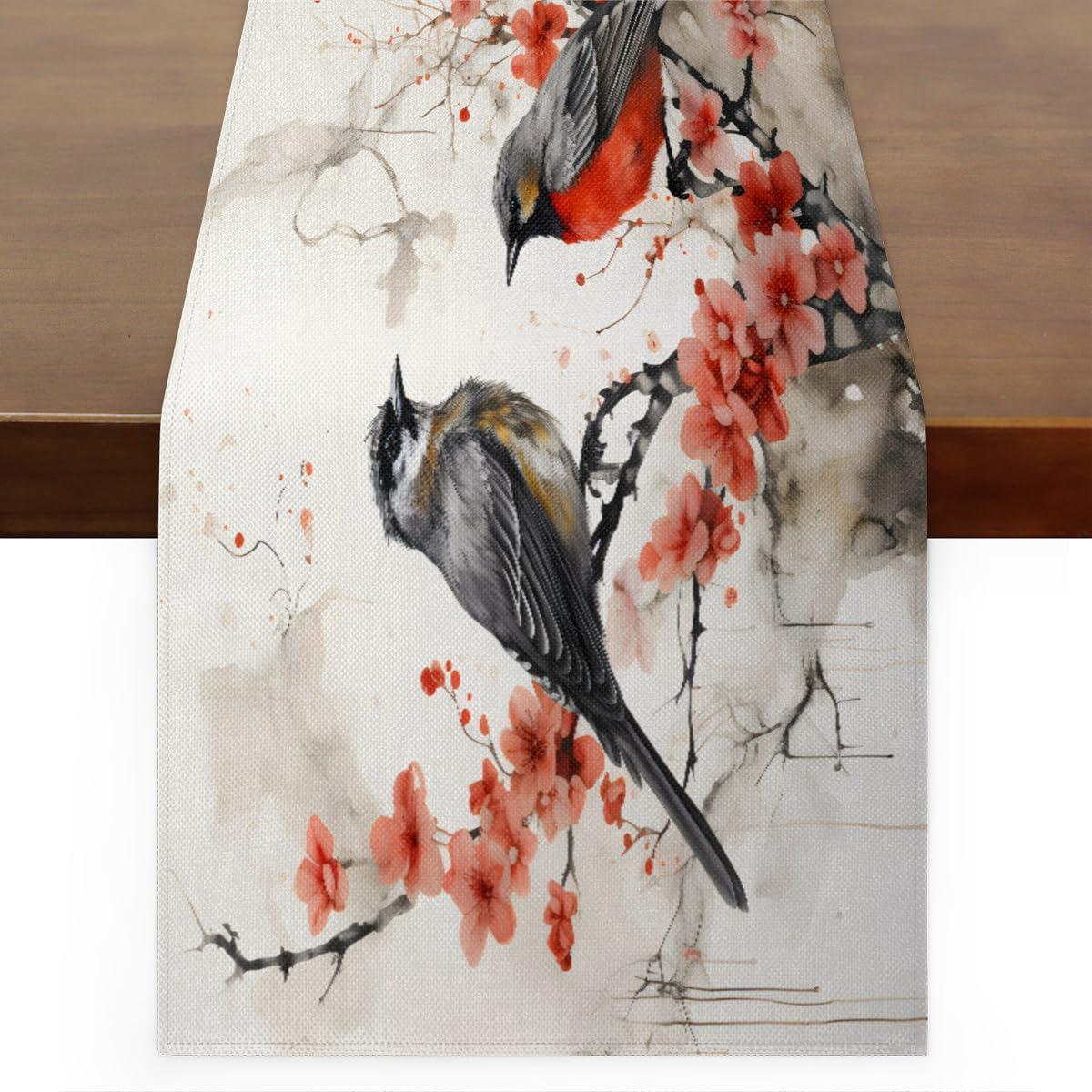 Chemin de table moderne fleurs rouges et oiseaux déco table salle à manger 305cm