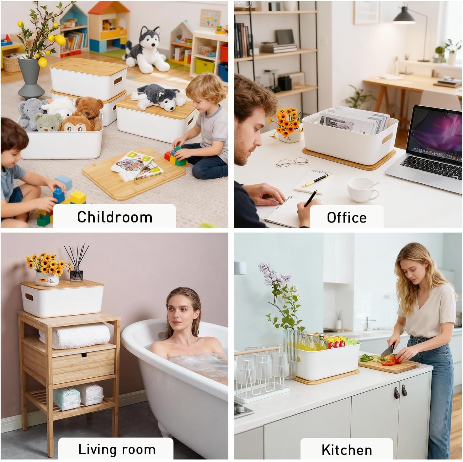 Citylife Storage Bins with Bamboo Lids 16QT Plastic Storage Containers Stackable Organizer Boxes with Handle for Desk Snacks, Toys, 2 PCS, 15" L x 10.6" W x5.8 H