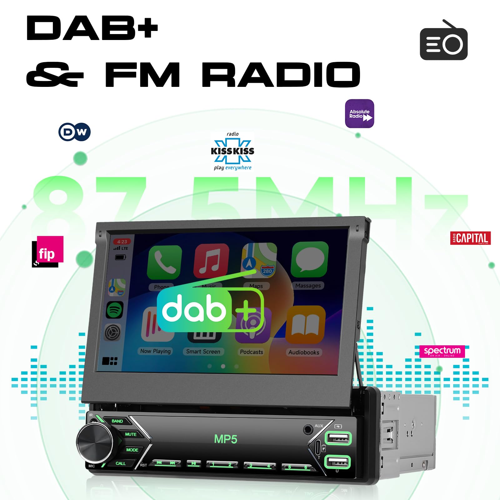 Dab Autoradio 1 Din avec Ecran Retractable de 7 Pouces, Hodozzy Écran Tactile Radio 1 Din avec sans Fil Carplay Android Auto, Bluetooth, Lien Miroir, EQ, FM, SWC, USB, Type-C + Caméra de Recul et MIC