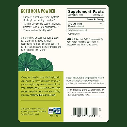 Miniatura 10 de Banyan Botanicals BrahmiGotu Kola Powder  Centella asiática orgánica  Apoya el enfoque, la concentración, el alerta y un sentido equilibrado de