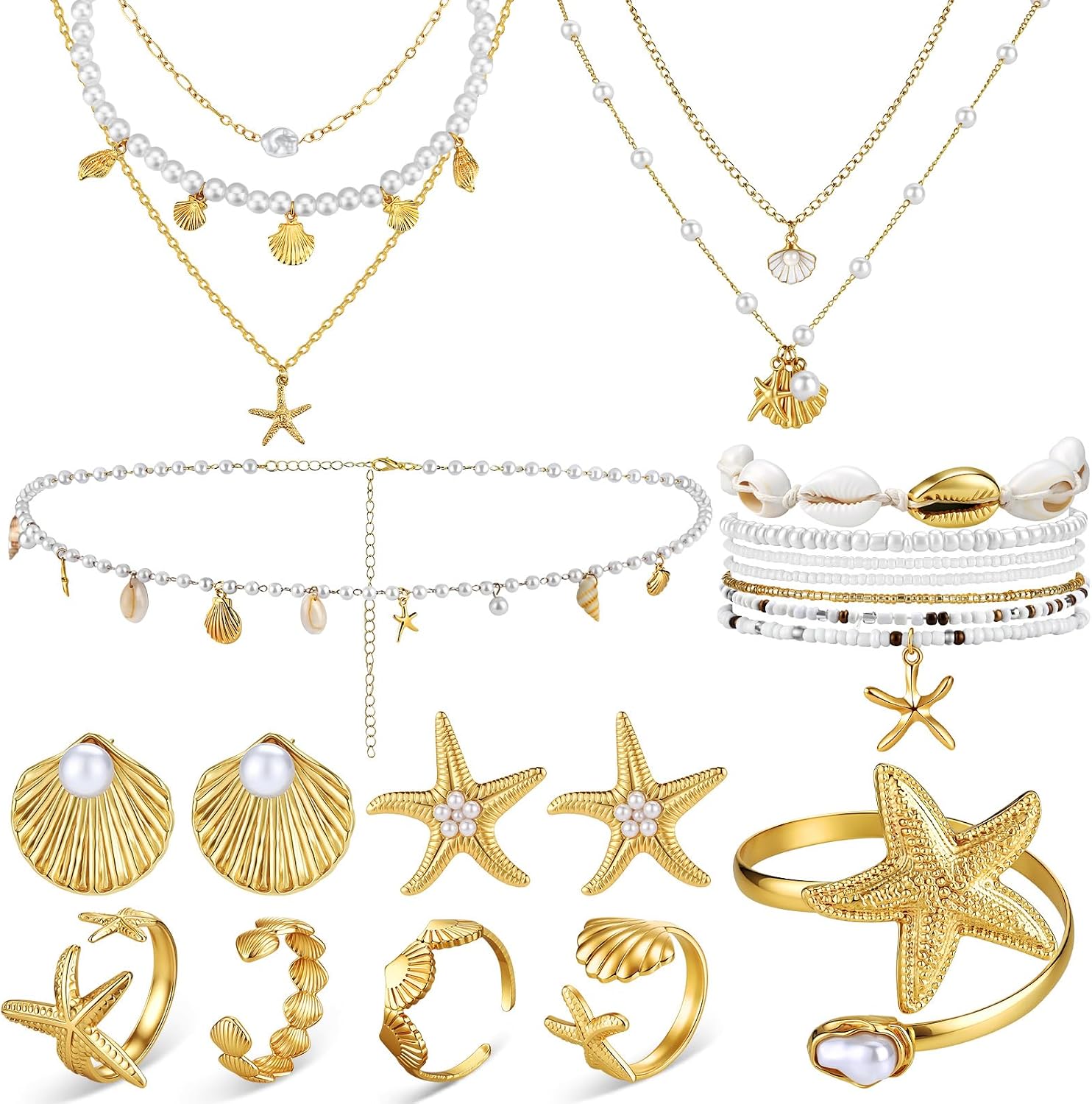 22 Pcs Beach Jewelry Set for Women Gold Starfish Seashell Earrings Rings Anklet Boho Layer Charm Necklace Mermaid Pearl Waist Chain Gold Arm Cuff for Summer Beach Vacation Bikini Jewelry Accessories