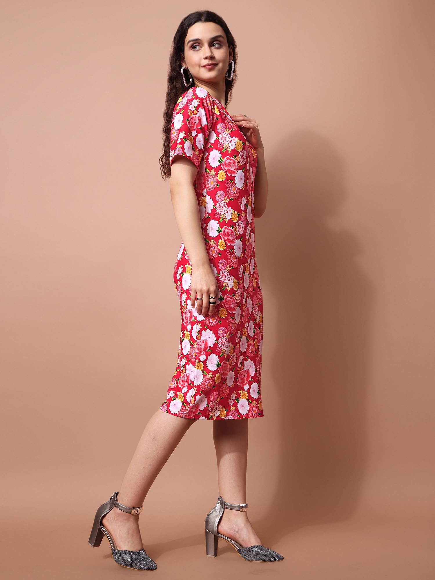 Purvaja Womens Bodycon Knee Length Dress (Wini-032-Cherry_Red_Large)