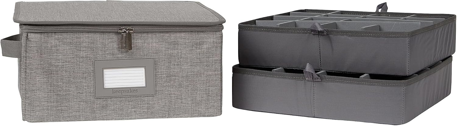 Covermates Keepsakes China Cups and Coffee Mugs Storage Box - Stackable, Reinforced Handles, China Storage, Grey Heather