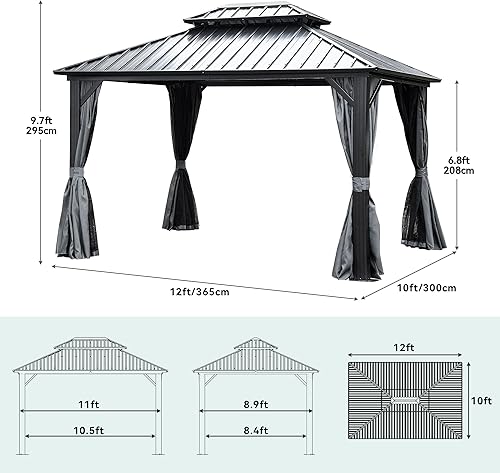 Miniatura 6 de DWVO Gazebo de techo rígido de 10 x 12 pies, techo doble con redes y cortinas, techo de rayas verticales de acero galvanizado resistente para patio,