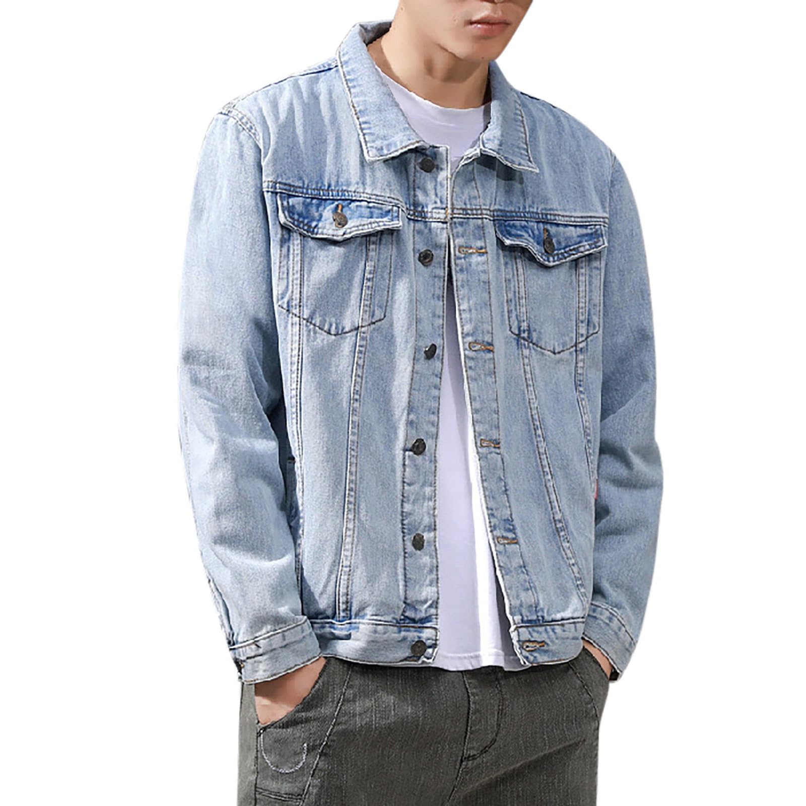 Giacca di Jeans da Uomo, Giacca Primavera Uomo, Risvolto Manica Lunga Giacca di Costume Classico Denim Cotone Loose Tuta Affari Blazer Giacca con Tasche Giubbino Jeans Giacca in Denim Denim Jacket