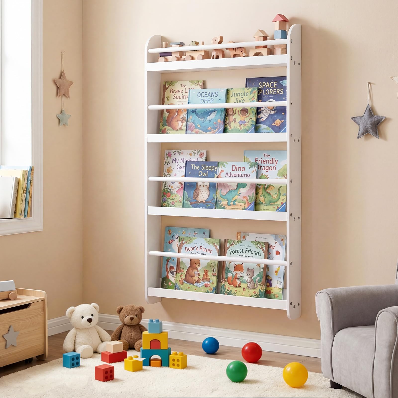 COSTWAY Bücherregal für Kinder, Kinderregal mit 4 Ablagen, Wandregal aus Holz für Spielzeug & Bücher, schmales Montessori Aufbewahrungsregal für Kinderzimmer, Leseecke, 56 x 12 x 107 cm (Weiß)