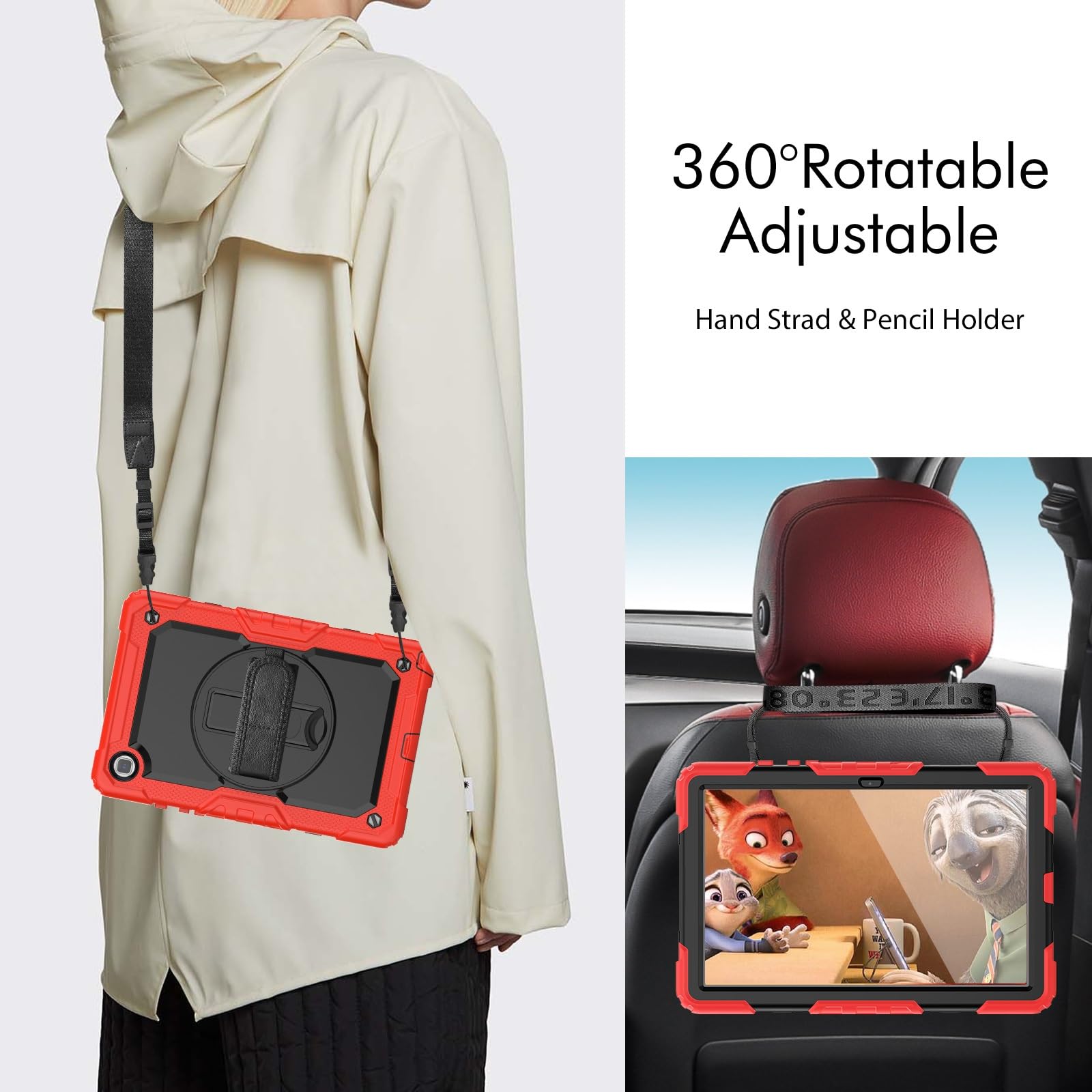 Kompatybilny z Samsung Galaxy Tab A7 10,4 cala SM-T500/T505 (2020) Etui folią ochronną ekranu, [podpórka] [pasek na ramię] Odporna wstrząsy wytrzymała obudowa 360° obrotowy pasek rękę i ramię(Rosso)