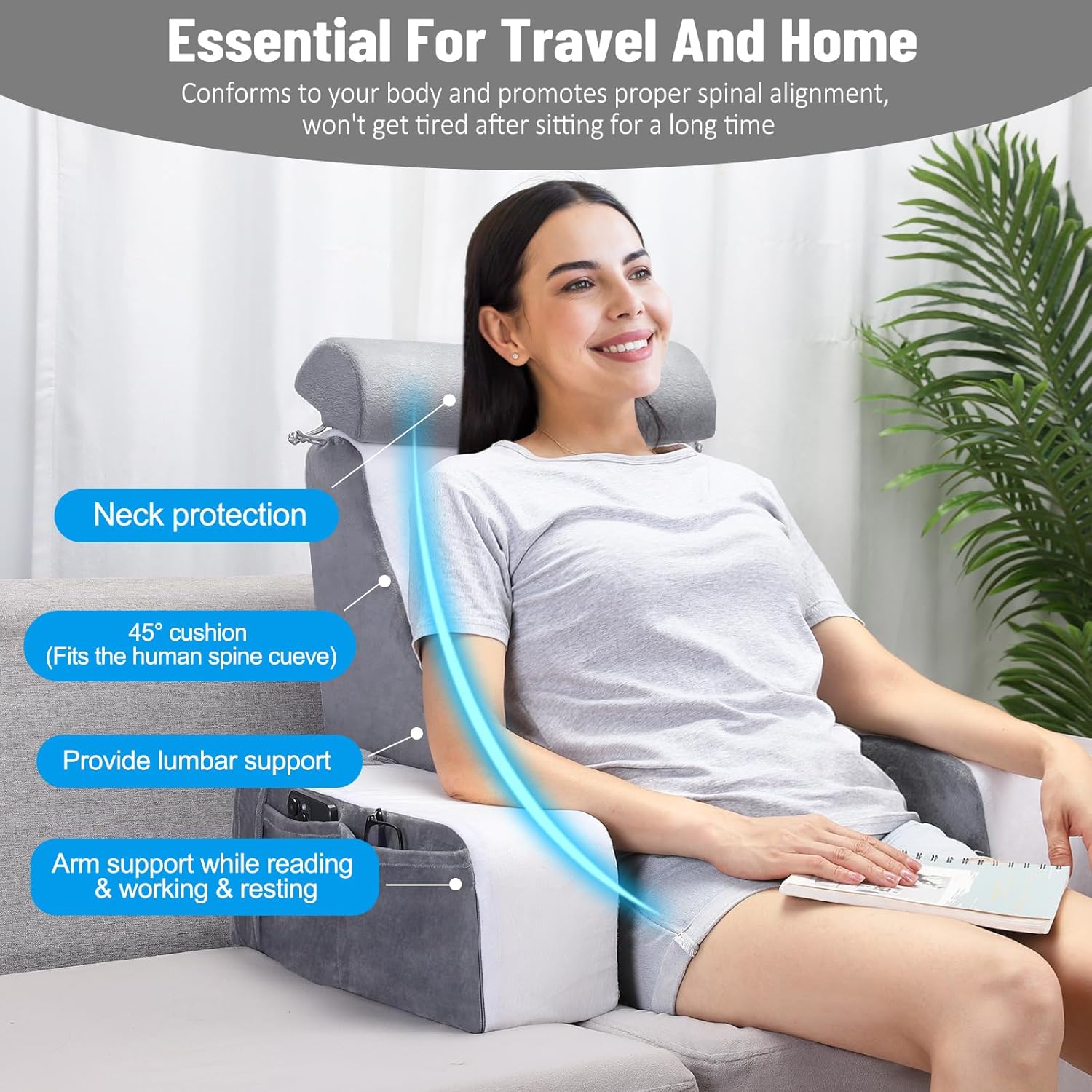 Reading Pillow for Sitting in Bed Adult, Back Pillow for Bed Sitting Up, Full Support for Comfort Solid Foam Chair with Arms Rest and Head Rest Pillow for Watching TV/Reading -19in (Grey & White)