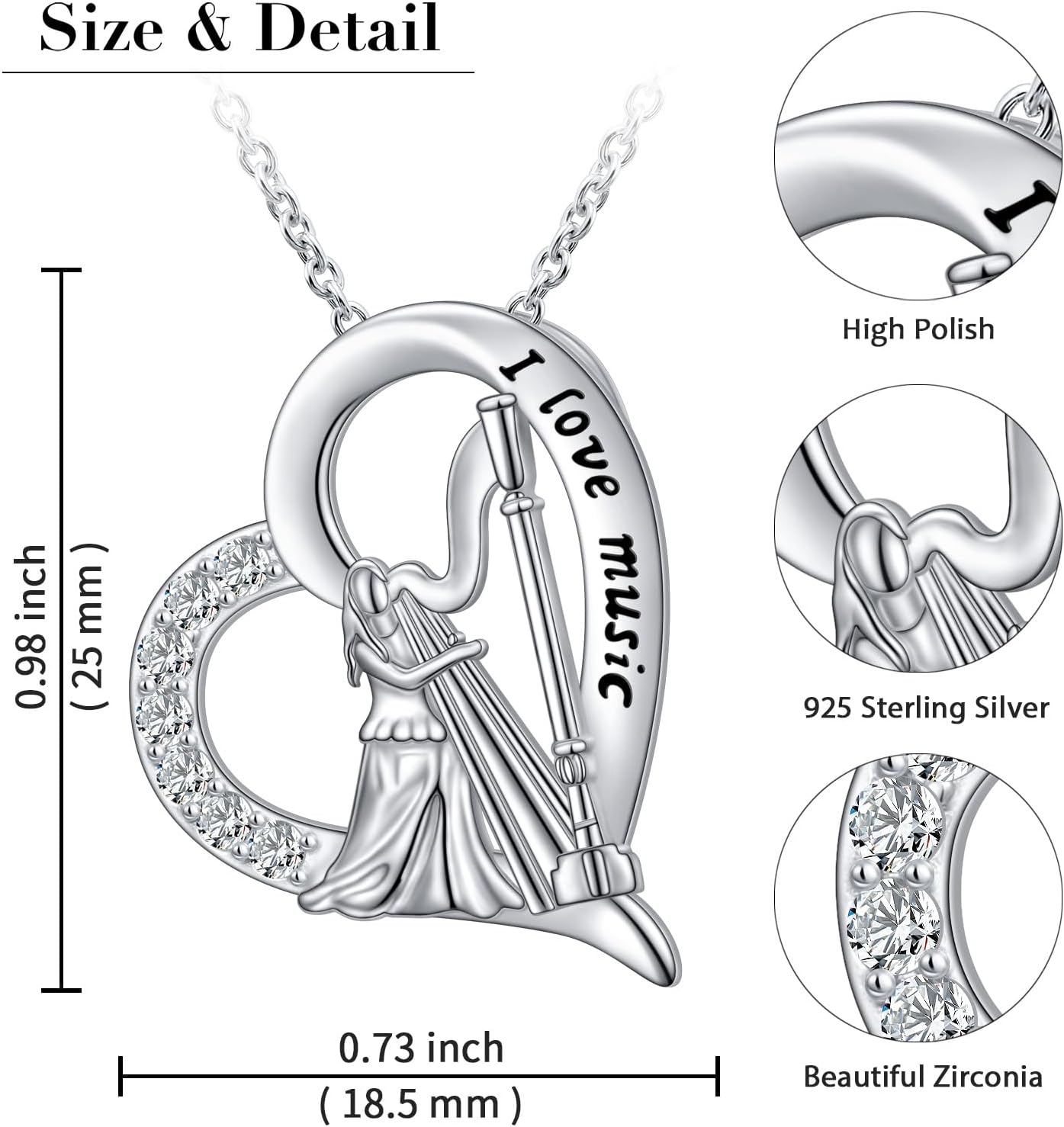 925 Sterling Silver Engraved I Love Music Playing Violin Cello Flute Piano Heart Pendant Necklace Recital Gift for Daughter Women Niece Musician, 18 inch