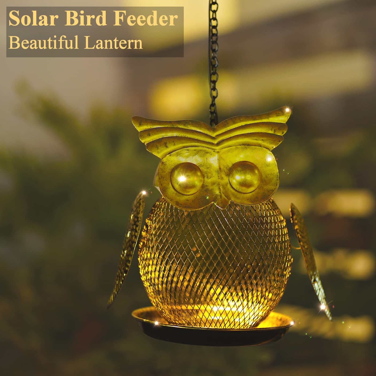 Solar Powered Squirrel-Proof Bird Feeder – Cute Metal Owl Design, Color-Changing Light, Hanging Mount, 17" Tall