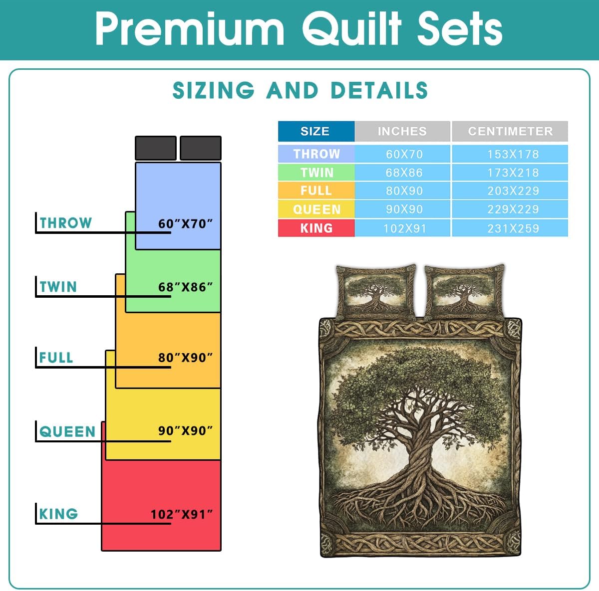 Tree of Life Quilt Set, Yggdrasil Quilt Bed Sets, Celtic Tree of Life Bedding Warm Quilt King Queen Twin Throw Size for Adults Home Decor (Design 01, King/Queen/Twin/Throw)