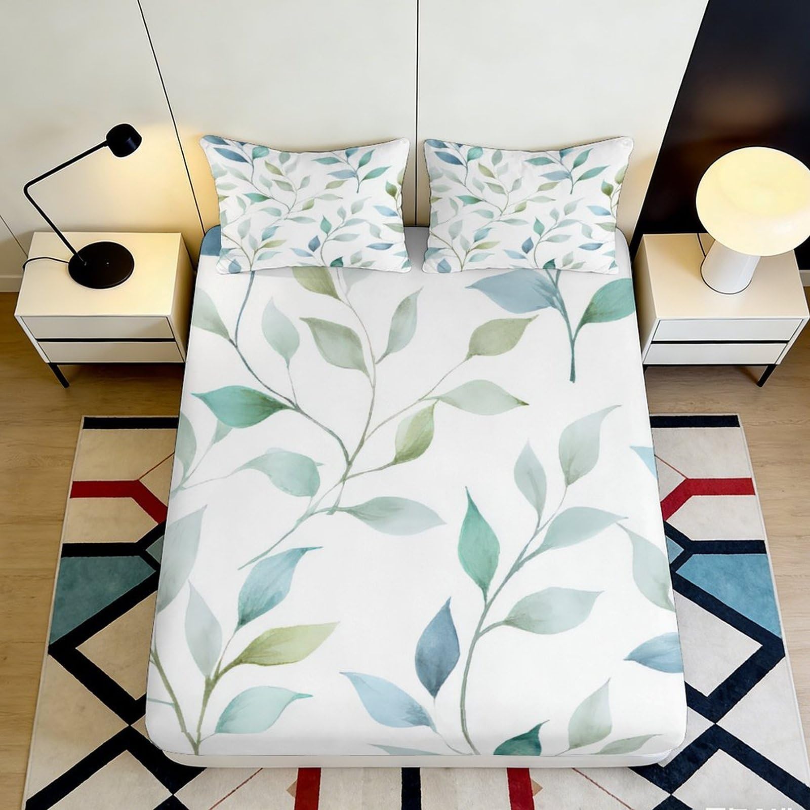 3D Printed Leaf Pattern Fitted Sheet Microfiber Soft Breathable Watercolor Botanical Bed Cover for Bedroom Guest Room Decor 90x200x25cm