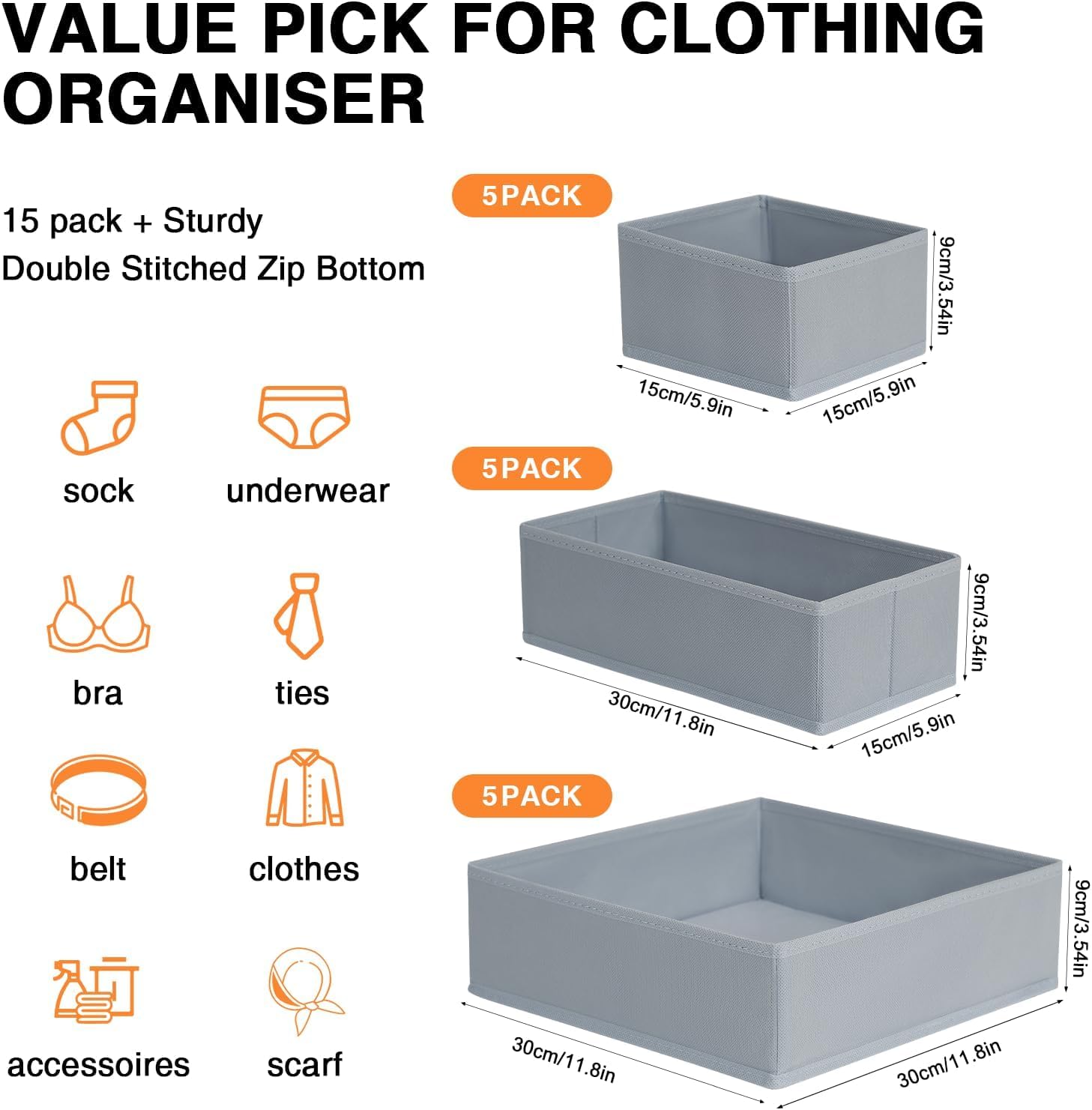15 Pack Drawer Organisers Foldable Storage Box - Fabric Clothes Wardrobe Dresser Organization Drawer Dividers Cubes for Socks, Underwear, Ties, Bedroom, Grey - Image 2