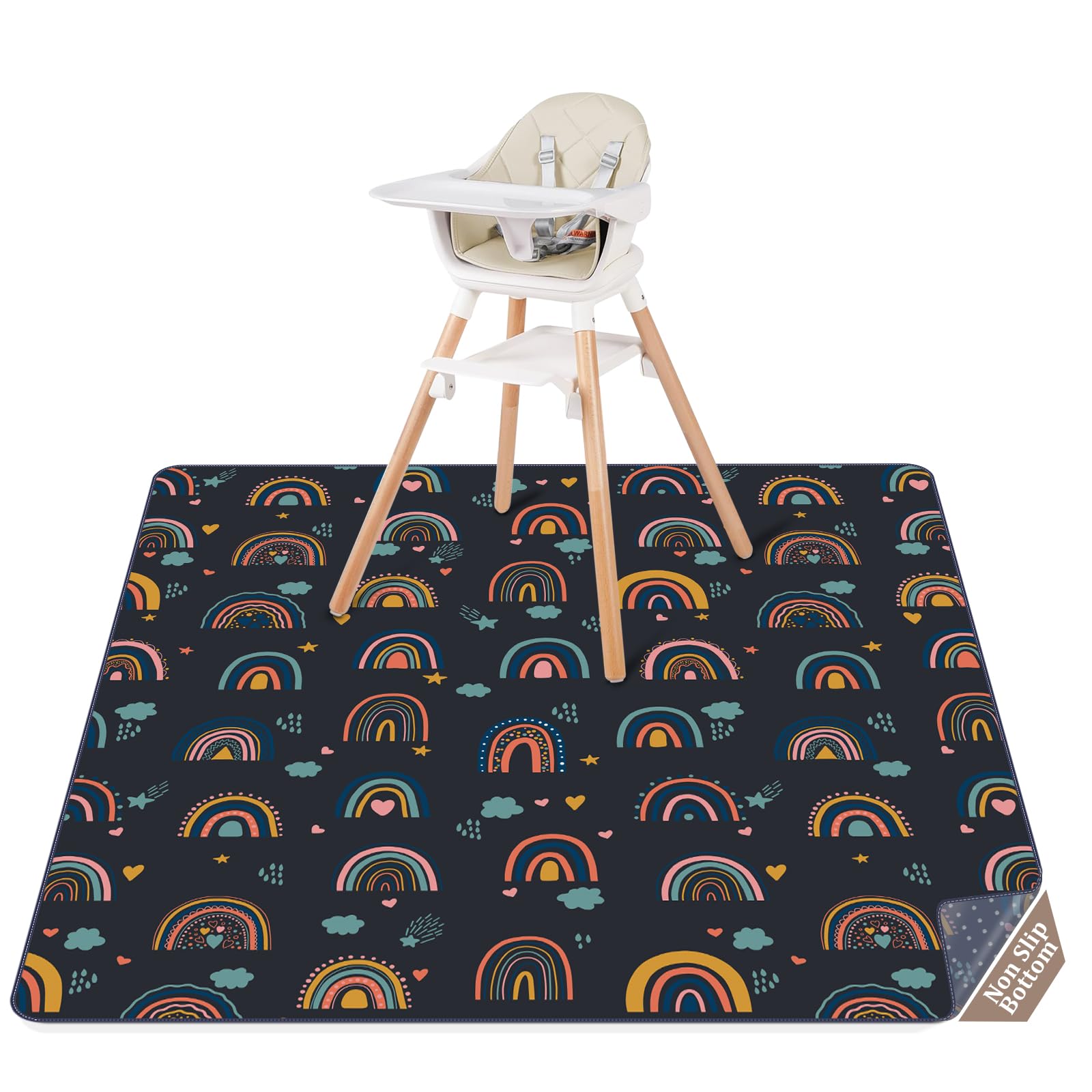 CLYMENE Splat Mat for Under High Chair | 51x51 Inch Anti-Slip Baby Splash Mat | Waterproof & Washable Spill Mat for Highchair Floor and Infant Play (Retro Rainbow)