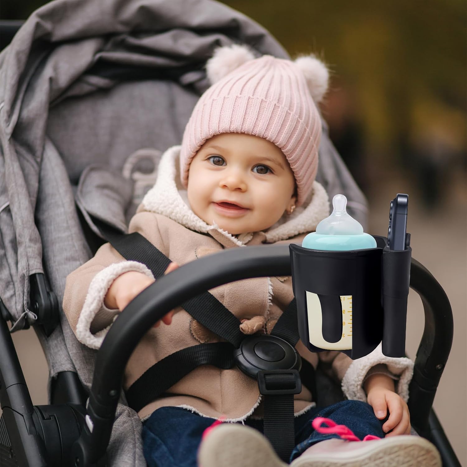 Cup Holder for Stroller Compatible with Evenflo,Uppababy, Doona, Nuna – Universal Stroller Cup Holder Attachment with Phone Holder, 360°Rotatable Bottle Holder for Bike, Wheelchair, Walker & Scooter