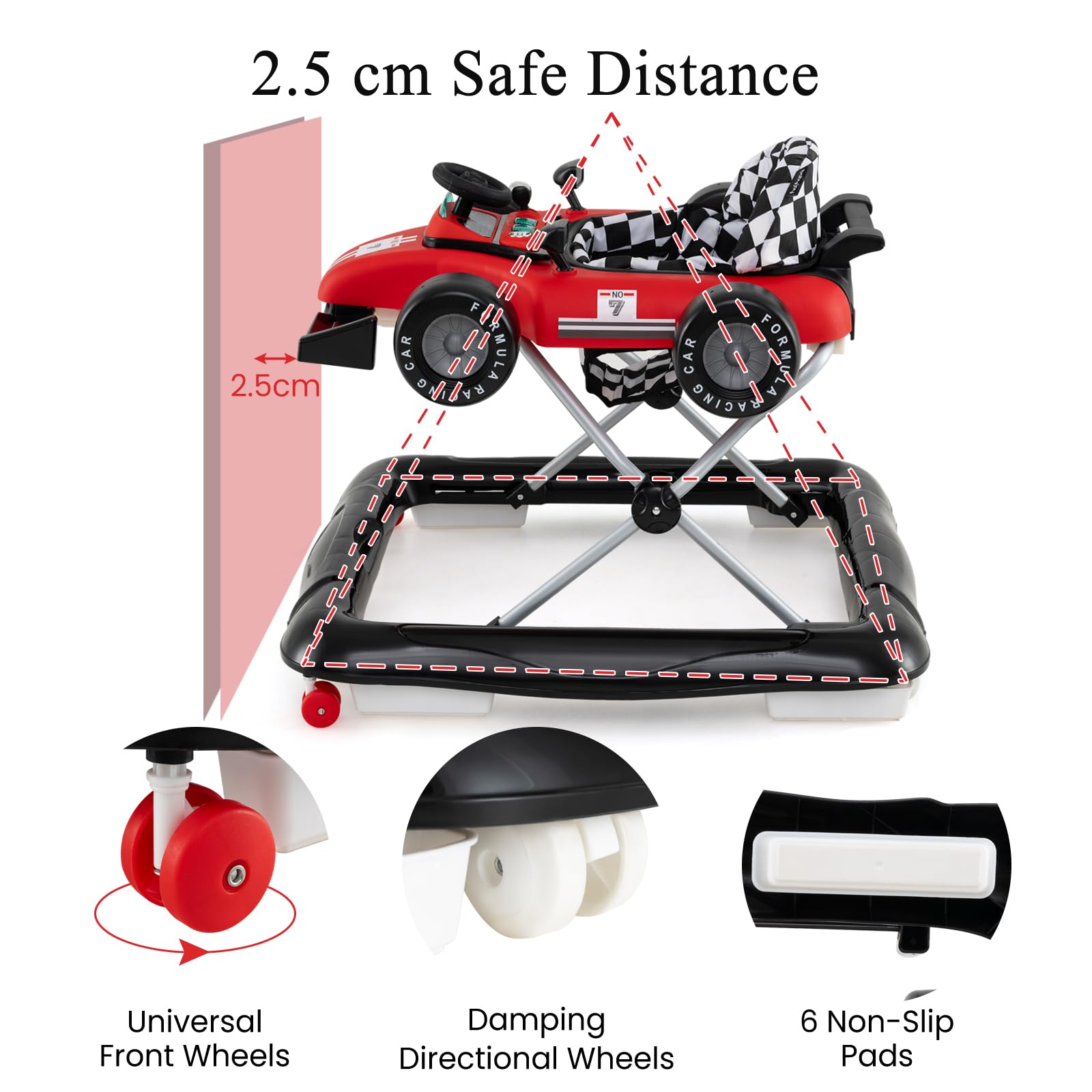 LIFEZEAL 4 en 1 Trotteur Bébé Evolutif avec 3 Hauteurs Réglables, Chariot de Marche Pliable avec Roues Universelles, Musique, Lumières, Trotteur d'Activité pour Garçon Fille 6-18 Mois, Charge 12 kg