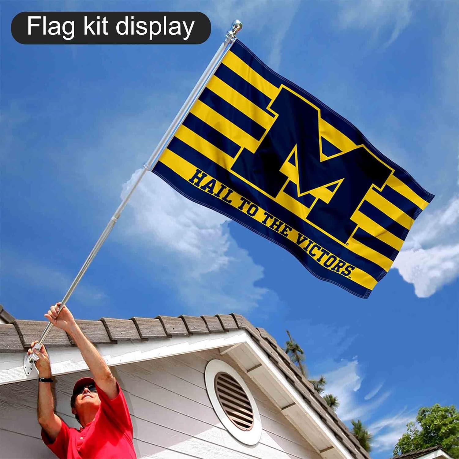 College Flags & Banners Co. Michigan Team University Wolverines Hail to The Victors Flag with Pole and Bracket Kit
