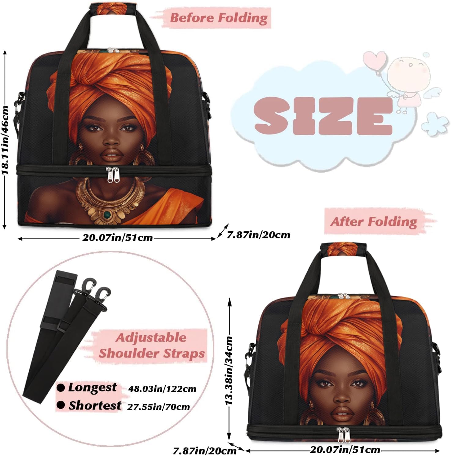 Foldable Travel Duffel Bag for Women - Carry on Personal Item Bag with Shoes Compartment, Weekender Overnight Duffle Bags Sport Tote Gym Luggage for Airplanes Traveling(African Ethnic Woman) - Image 2