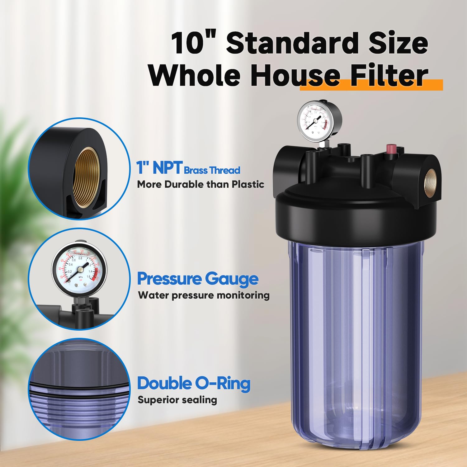 PUREPLUS Alloggiamento per filtro dell'acqua per tutta la casa, alloggiamento universale, sistema di prefiltrazione, con manometro, NPT da 1 pollice
