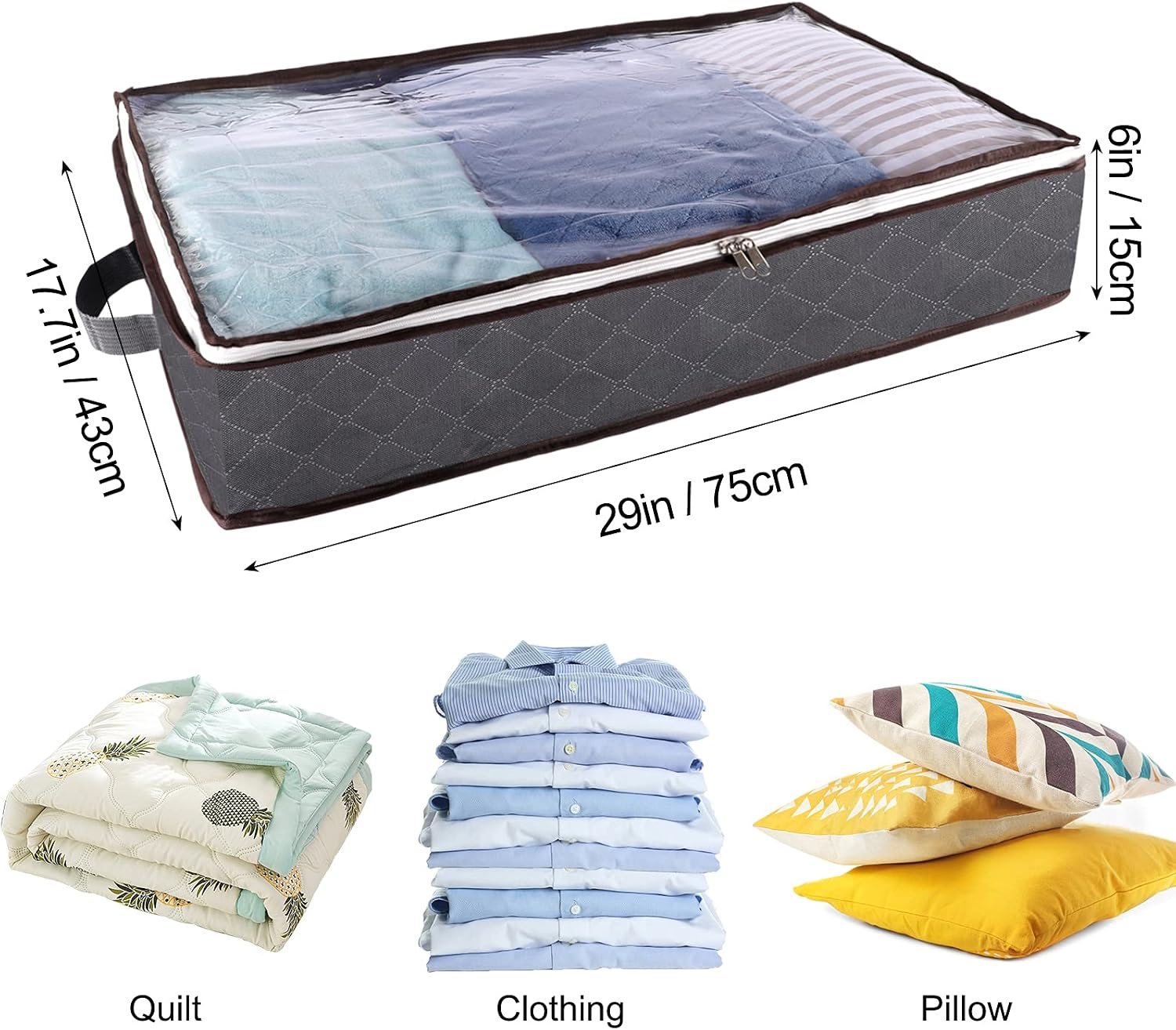SGHUO 3 Pack Underbed Storage Bags 6Inch 50L Large Under Bed Storage Containers Organizer with Clear Windows Lids, Reinforced Handles for Clothes, Comforters, Blankets, Bedding , Grey