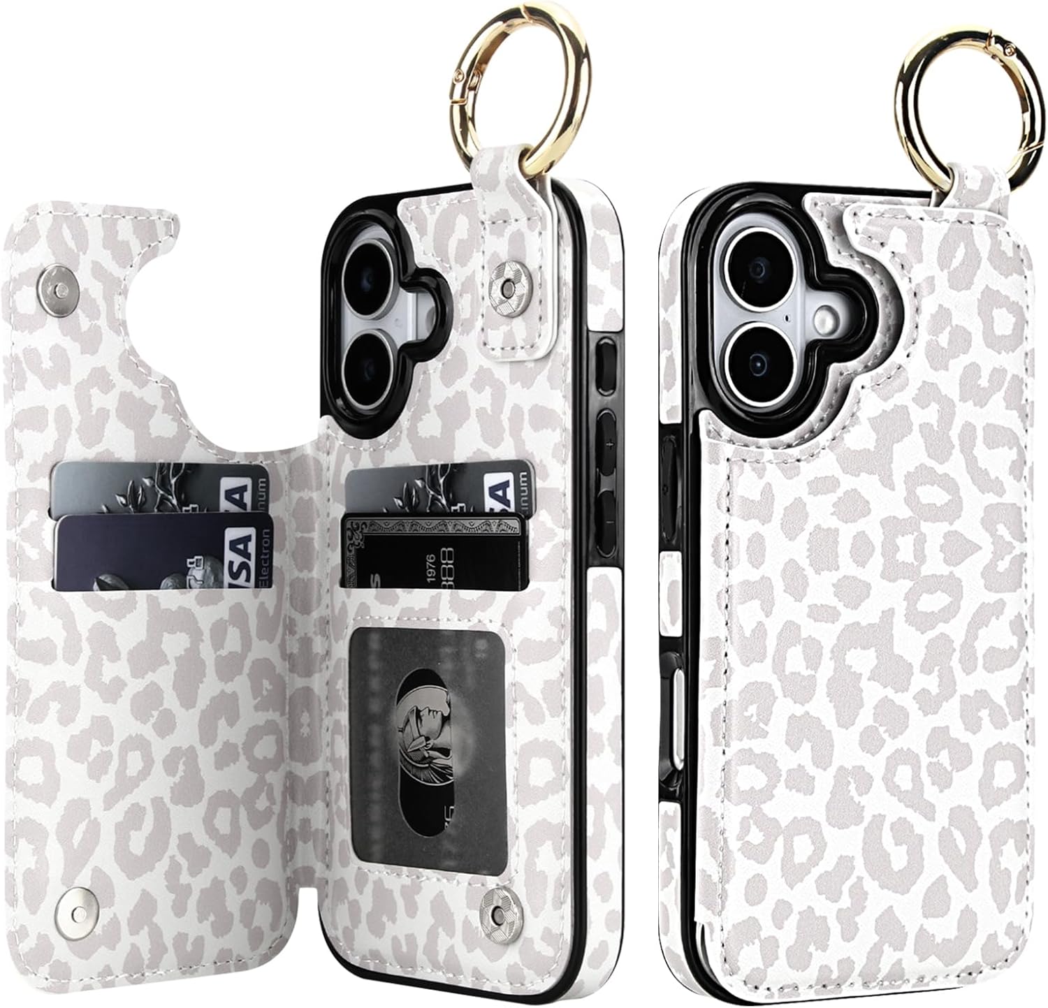 HAOPINSH Wallet Case for iPhone 17 with Card Holder, White Leopard Cheetah Print Back Flip Folio PU Leather Kickstand Card Slots Case, Finger Grip Ring Double Magnetic Clasp Shockproof 6.3"