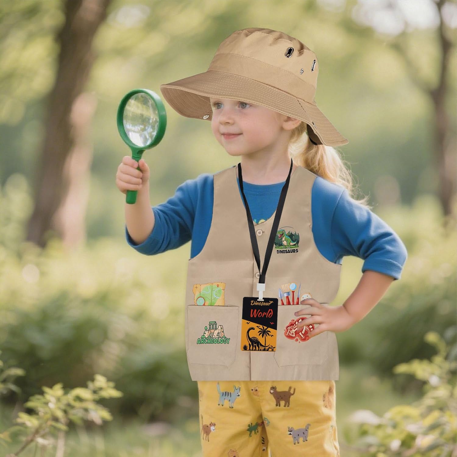 Kids Dinosaur Paleontologist Kit Hat Costume and Vest Dinosaur Pass Cards for Paleontologist Costume Kids Explorer Activity Zoo Jungle Party and Career Day Party