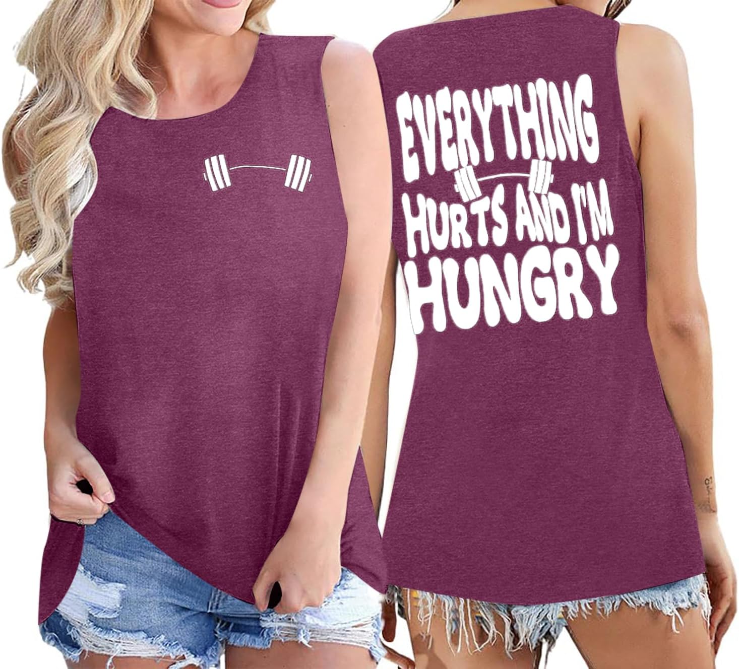 Funny Workout Shirt Women Gym Weightlifting Graphic Tank Everything Hurts and I'm Hungry Sleeveless Tshirt Tops