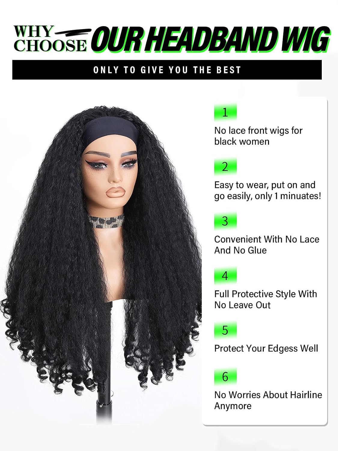 Curly Headband Wig 26 Inch，Afro Curly Wigs for Black Women，Kinky Straight Synthetic Hair with Bouncy Curls In the End，Wear and Go Glueless Half Wig (Natural Black)