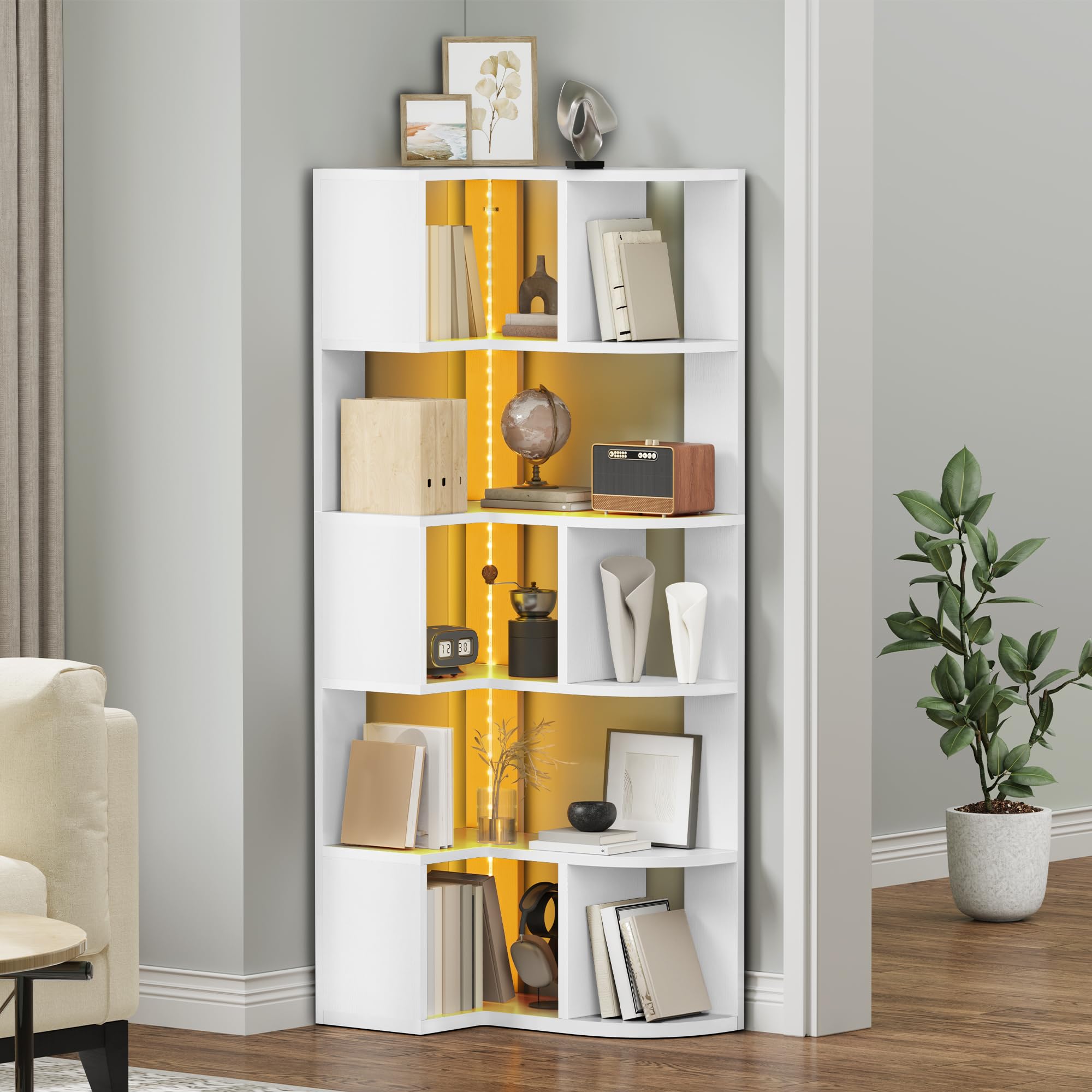 YITAHOME Libreria angolare a 6 ripiani con LED, a forma di L, scaffale angolare, scaffale da pavimento, per ufficio, studio, soggiorno, camera da letto, 64 x 41,5 x 159,5 cm, bianco